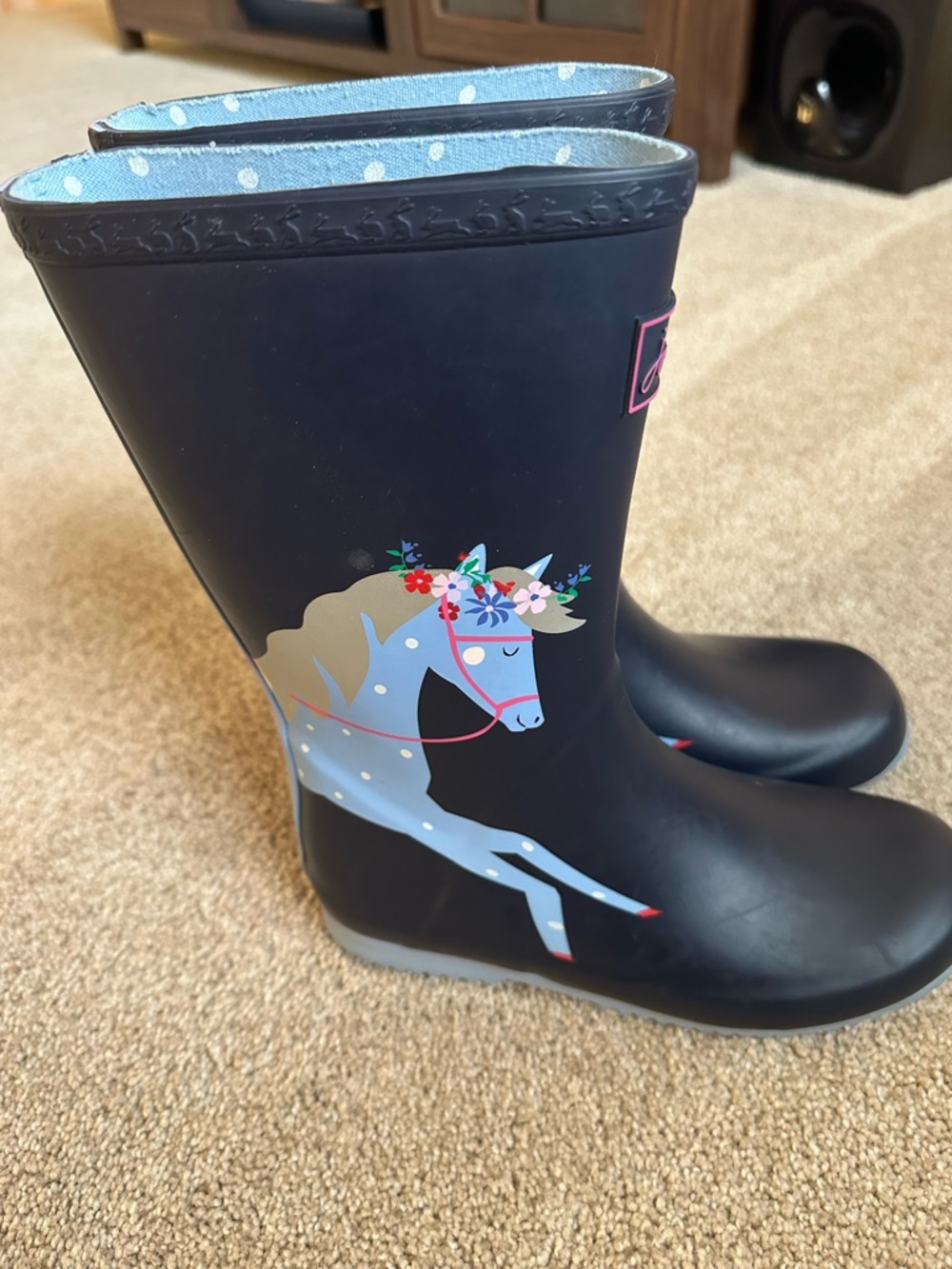 Joules Navy Unicorn Rain Boots with Polka Dot Lining